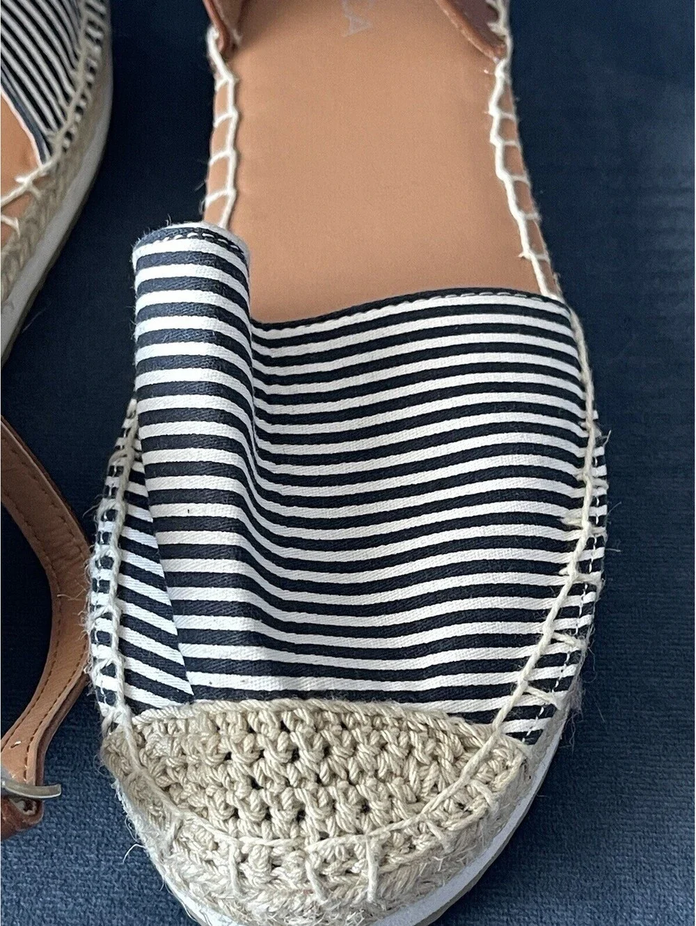 NAUTICA Espadrille Sandals Ankle Straps Black White Stripe Sz 7.5 Coastal NEW